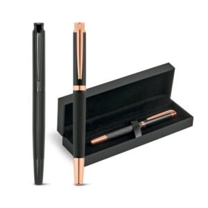 Caneta roller em metal com escrita em preto