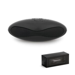 Caixa de som portátil com autonomia de 3h e microfone, em ABS