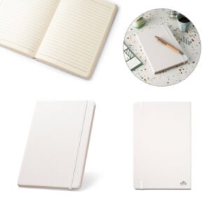 Caderno A5 de capa dura em poliéster 100% reciclado, com tratamento antibacteriano e páginas pautadas