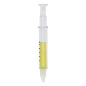 CANETA EM FORMATO DE SERINGA C/ MARCA TEXTO - AMARELO