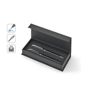 Set premium de 1 caneta esferográfica e 1 caneta roller em cobre e aço inox, com escrita em azul
