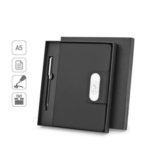 Conjunto composto por 1 caneta esferográfica e 1 caderno, em PU e aço inox