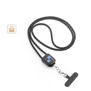 Cordão lanyard com suporte para celular incluso, cabo USB-C e diversos adaptadores em ABS reciclado e TPE reciclado